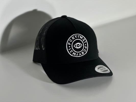 Premium Black Cap Trucker Style White ROUND Logo
