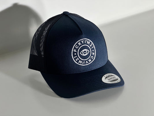 Premium Navy Cap Trucker Style White ROUND Logo