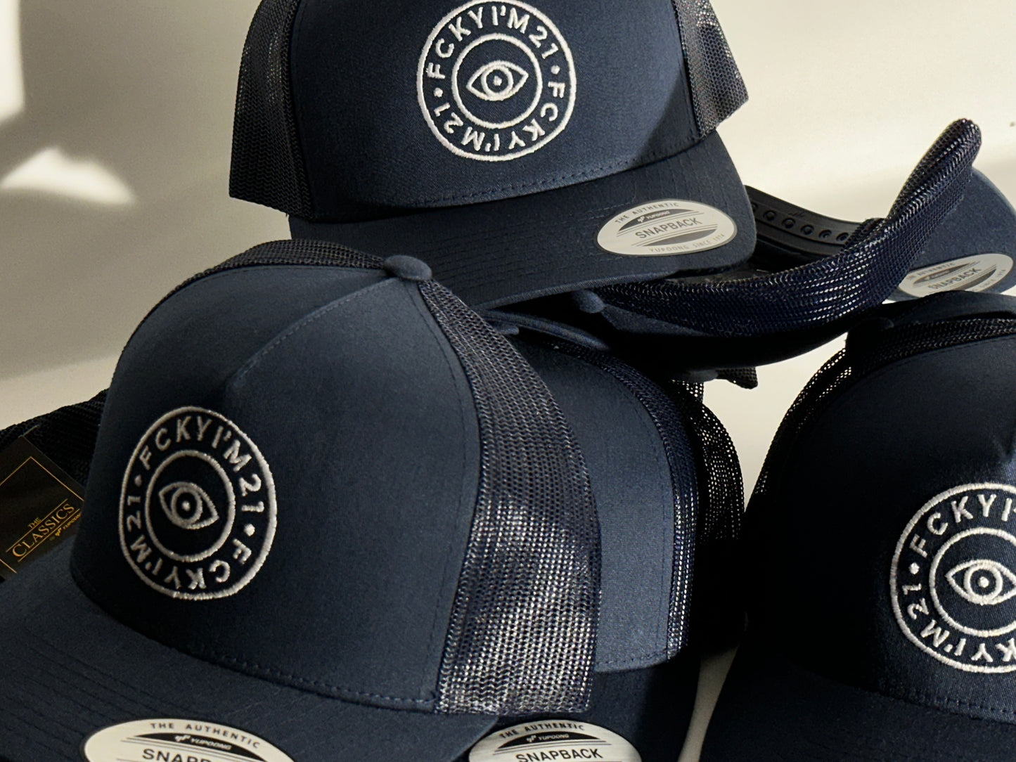 Premium Navy Cap Trucker Style White ROUND Logo