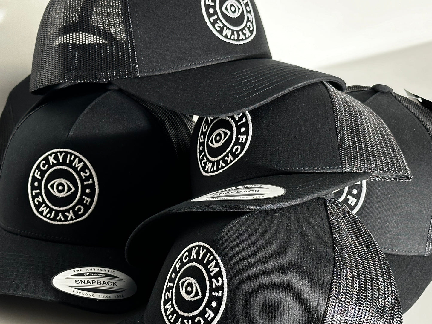 Premium Black Cap Trucker Style White ROUND Logo