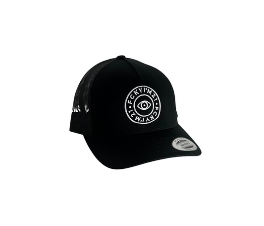 Premium Black Cap Trucker Style White ROUND Logo